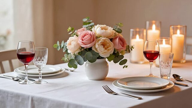 Elegant table setting with flowers and candles