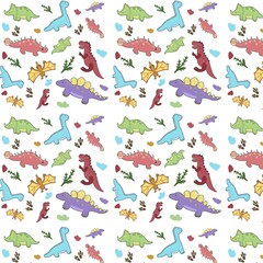 Cute Pastel Dinosaur Seamless Pattern on White Background for Kids Fabric, Nursery Wallpaper, Baby Boy Decor © TINE