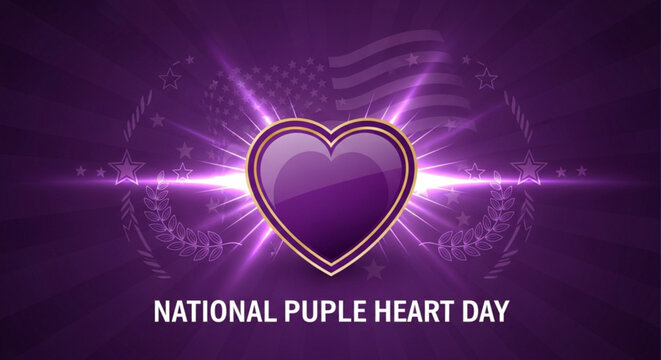 Purple heart day graphic with heart symbol and radiant light on dark background