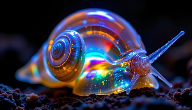 The image features a close up of a luminous, iridescent snail shell resting on a dark, textured surface