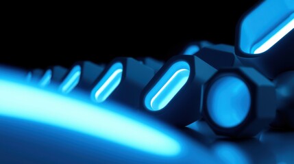 Fototapeta premium Futuristic tunnel, glowing blue lights, dark background. Geometric shapes create perspective, suggesting speed, technology.