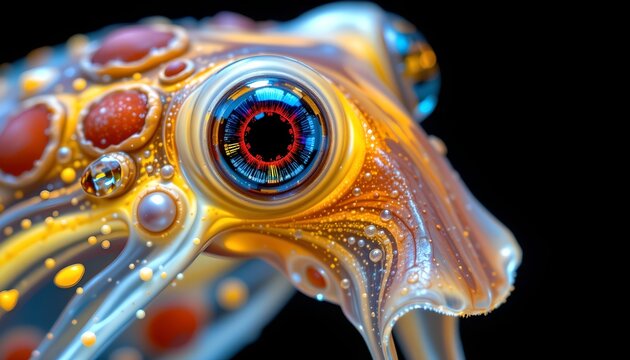 The image features a highly detailed, close up view of a vibrant, colorful creature, likely a type of octopus or squid, with an emphasis on its large, prominent eye