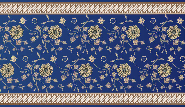 Vintage Blue Batik Seamless Pattern with Floral Vine and Parang Motif