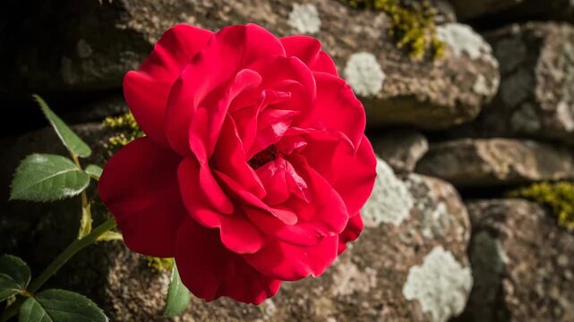 A bright red rose blooms against a rustic stone wall with moss and lichen creating a natural backdrop