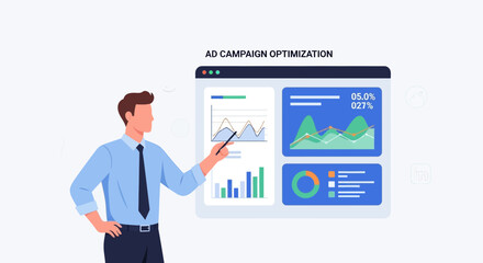 Obraz premium Man presenting ad campaign optimization data analytics dashboard