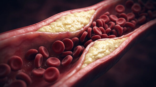 Blocked blood vessel artery poor circulation risks heart health concept. Detailed illustration of blood cells and cholesterol in arteries.