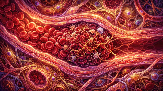 Blood clot thrombus blocking red blood cells stream artery concept. Detailed illustration of blood cells and capillaries in motion.