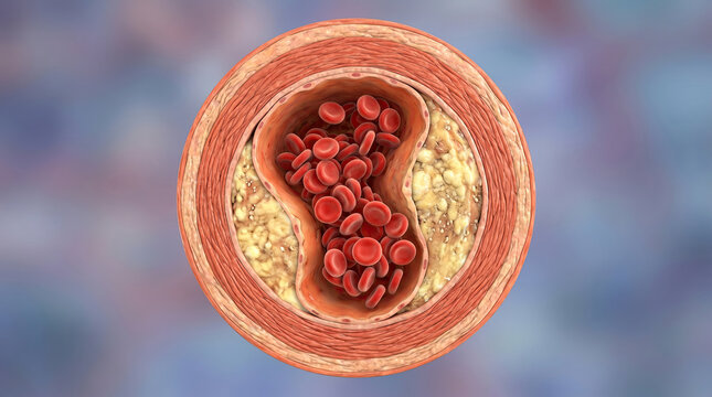 Blocked blood vessel artery poor circulation risks heart health concept. Detailed illustration of blood cells in an artery section.