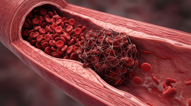 Blood clot thrombus blocking red blood cells stream artery concept. Detailed illustration of blood flow and clot formation in vessels.