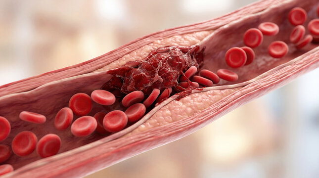Blood clot thrombus blocking red blood cells stream artery concept. Detailed illustration of blood flow in a human artery.