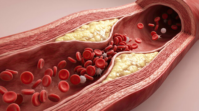 Blocked blood vessel artery poor circulation risks heart health concept. Detailed illustration of blood flow in arteries with red cells.