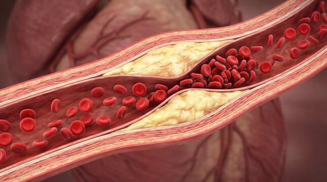 Blocked blood vessel artery poor circulation risks heart health concept. Detailed illustration of blood flow in an artery.