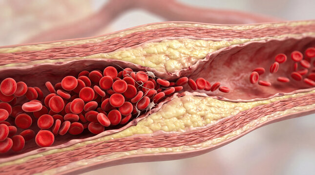 Blocked blood vessel artery poor circulation risks heart health concept. Detailed illustration of blood flow in an artery with cells.