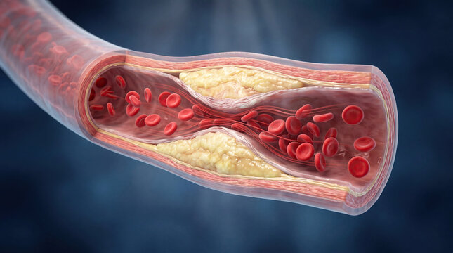 Blocked blood vessel artery poor circulation risks heart health concept. Detailed illustration of blood flow through a human artery.