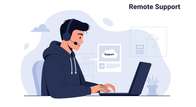 Man with headset and laptop providing remote technical support, illustration