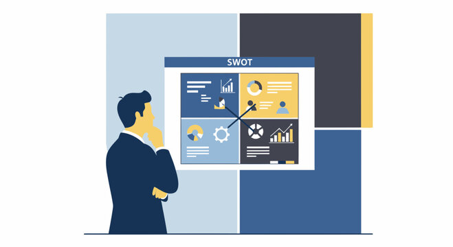 Business Planning: Man analyzes SWOT matrix with financial charts and data