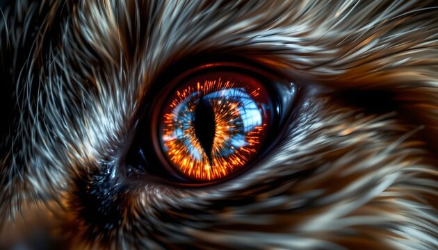 The image features a close up of an animal's eye, with a highly detailed iris displaying fiery orange, red, and blue hues