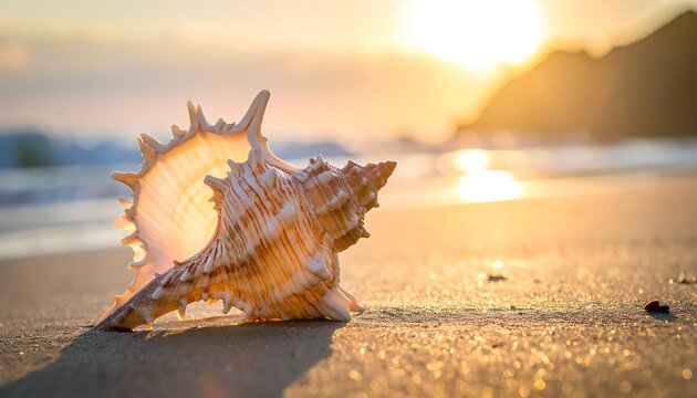 A large seashell on a sandy beach at sunset (2)