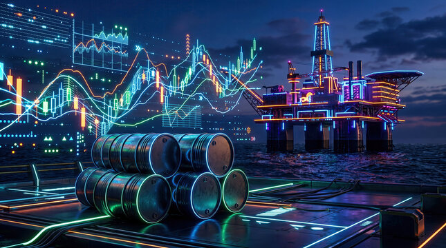 Oil barrels with stock market graph and oil rig background concept. Futuristic oil rig with neon lights and digital finance background.