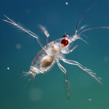 Copepod swims through the deep blue ocean water in this close macro capture of marine plankton.