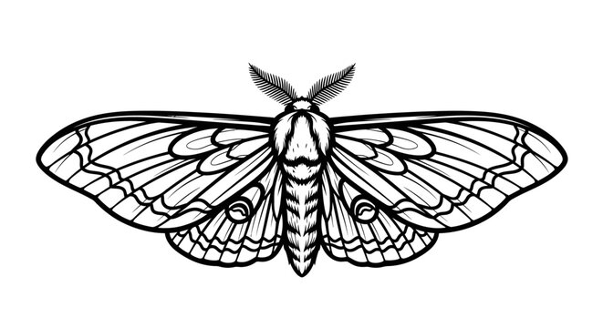 Black and white graphic illustration of a detailed moth with outspread wings