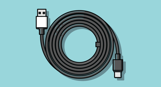 Coiled black usb cable illustration on turquoise background