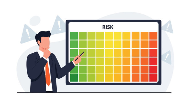 Businessman analyzes risk matrix, strategy planning, business analytics illustration