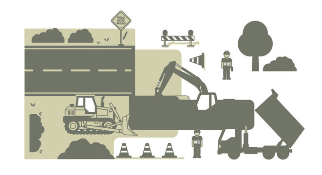 Road construction scene vector illustration of earthmoving and roadwork activities