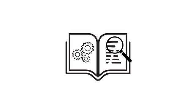 Open book with technical search tools and storytelling animation isolated on white background