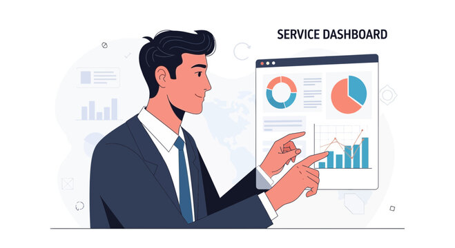 Businessman analyzing service dashboard with charts and graphs, business analytics concept