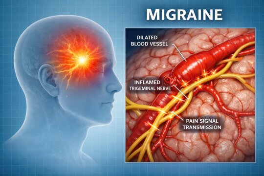 Migraine headache illustration, brain pain, dilated blood vessel, inflamed nerve.