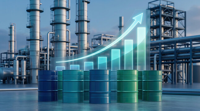 Oil barrels with stock market graph and oil rig background concept. Graph showing growth over barrels in an industrial setting.