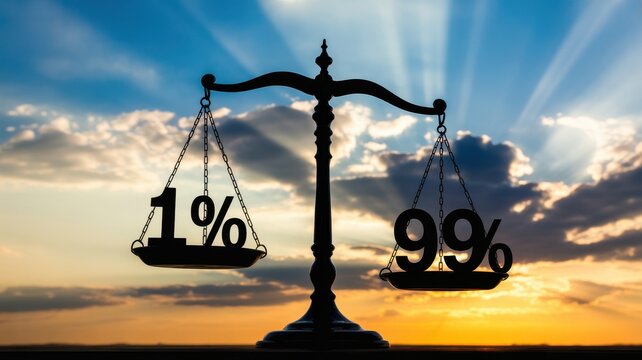 Balance scale with 1% and 99% symbolizing wealth inequality and social disparity at sunset