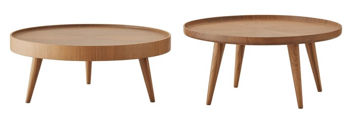 Fototapeta premium Two round wooden coffee tables with tapered legs wooden table