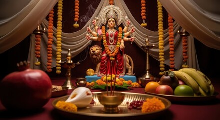 Obraz premium Beautiful idol of goddess durga decorated for navratri festival with traditional offerings and lamps