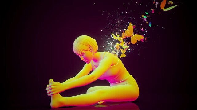Conceptual 3D animation of a woman practicing yoga janu sirsasana with flying butterflies