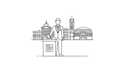 Naklejka premium Man Casting Vote in Front of City Skyline