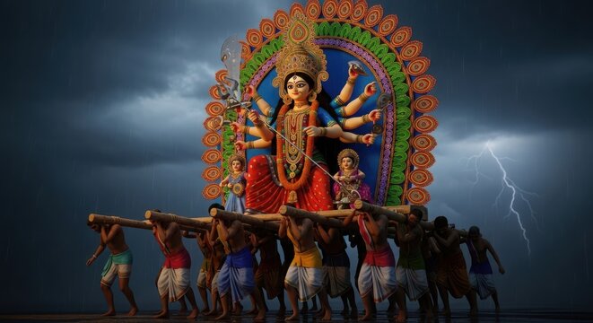 Devotees carrying the idol of goddess durga during durga puja festival procession under a stormy sky