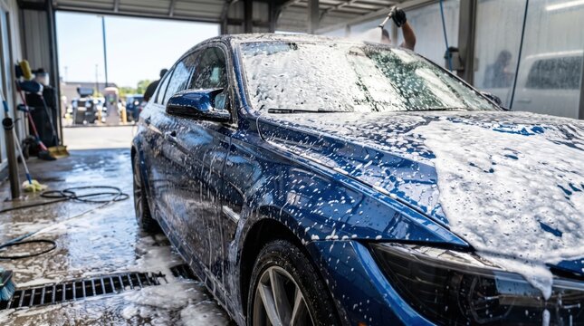 Blue car covered in soap being washed in garage bay