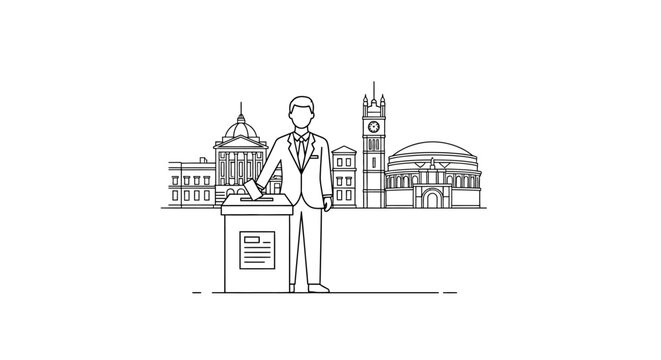 Man Casting Vote in Front of City Skyline