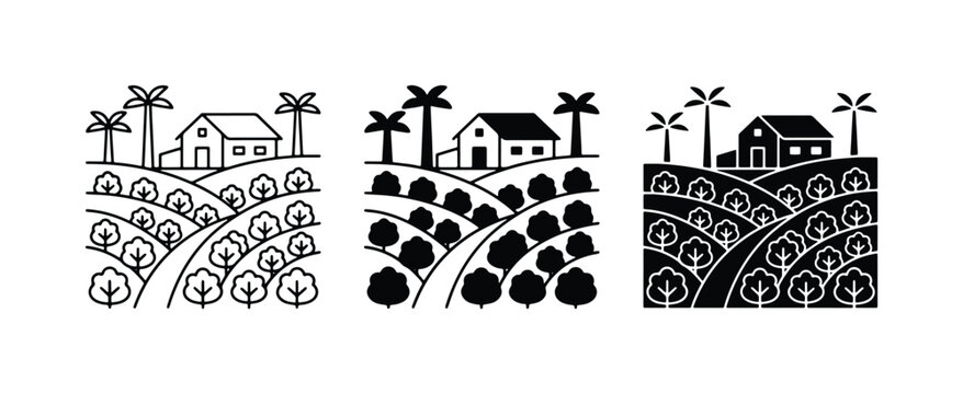 Farm Landscape Icons: Rural Village, Orchard Fields, Tropical Trees, Stylized Countryside Scenes