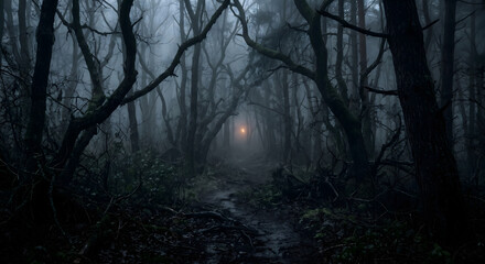 Obraz premium Mysterious dark forest path at night with thick fog and a glowing light in the distance