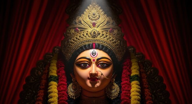 Closeup portrait of goddess durga idol with ornate golden crown and traditional jewelry against red background