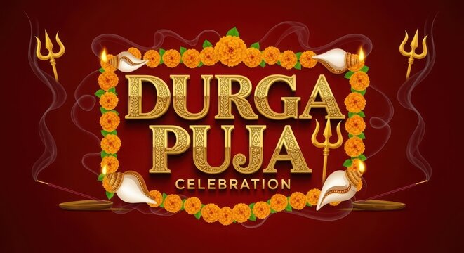 Durga puja celebration banner with golden text, marigold flowers, trishul, conch shells and incense sticks