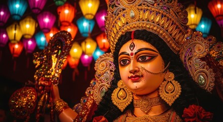 Obraz premium Closeup of goddess durga idol decorated with traditional jewelry and vibrant lanterns in the background during durga puja