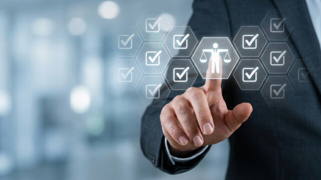 Businessman compliance law employment audit checklist Businessman compliance law employment audit checklist. employee workplace right justice. corporate management policy, legal regulation lawyer