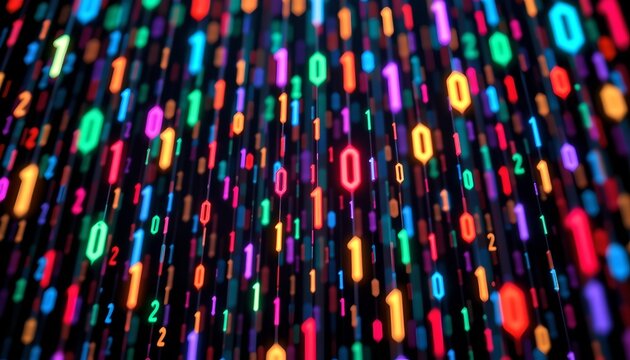 The image features a dynamic display of colorful binary digits cascading vertically, creating a vibrant digital stream