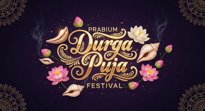 Durga puja festival greeting card design with golden calligraphy, lotus flowers, and conch shells on dark background