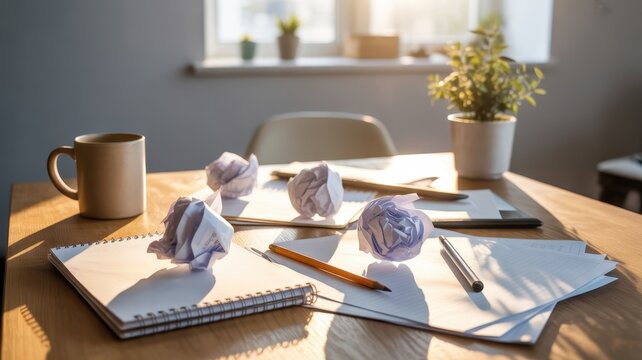 Messy desk with crumpled paper balls, notebook, and pencils, symbolizing writer's block or frustration in a bright office.