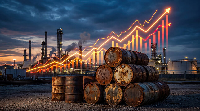 Rusty oil barrels stacked foreground financial charts rising prices concept. Industrial scene with stacked barrels and rising graph elements.